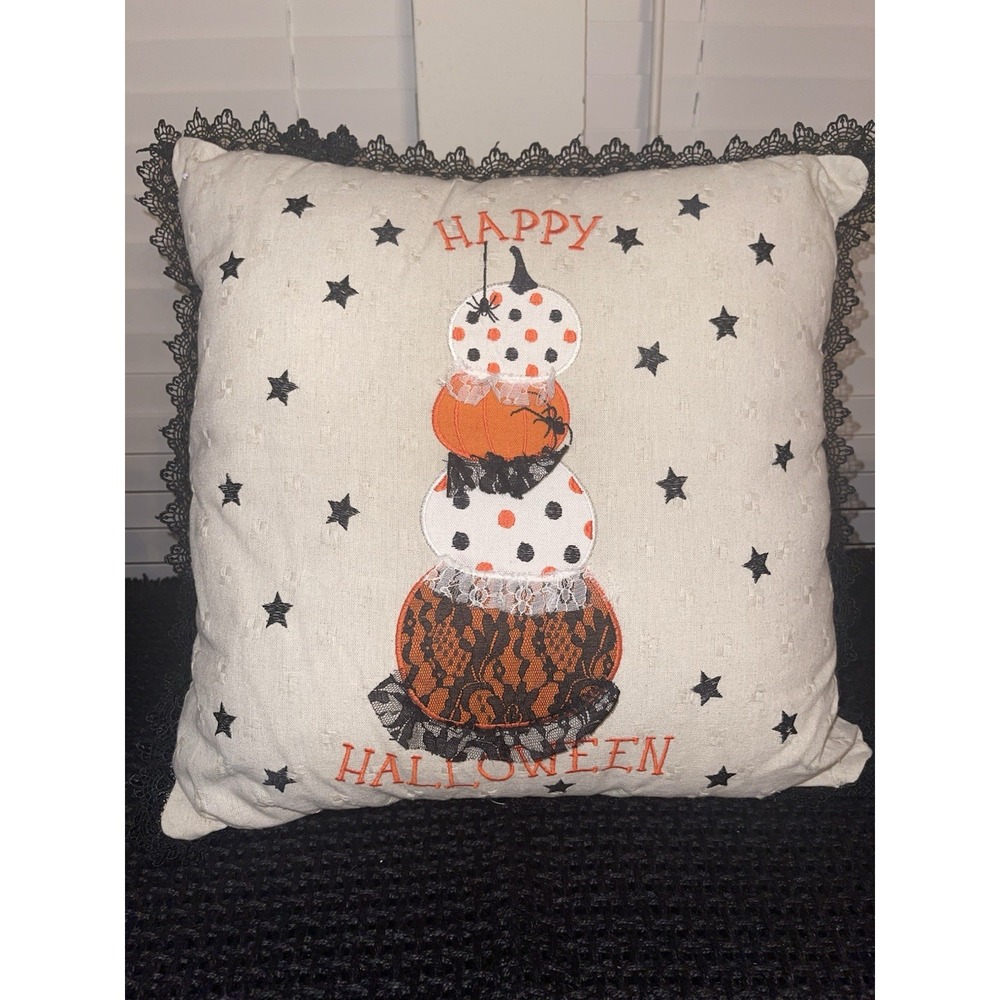 Halloween Throw Pillow 18 X 18 Pumpkins Lace Trim